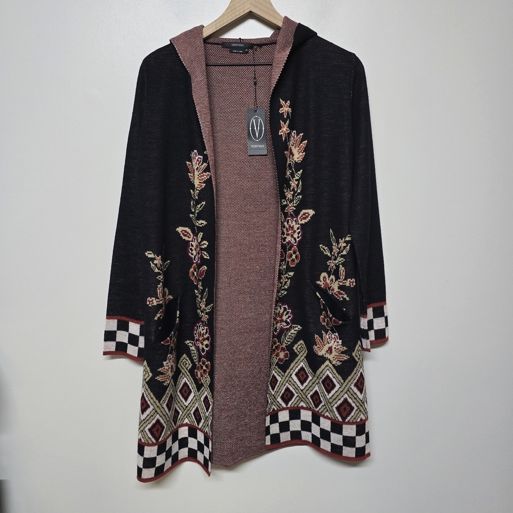 Vertigo Black Multi Hooded Knit Cardigan Jacket XS Floral Boho Pockets NWT $328
